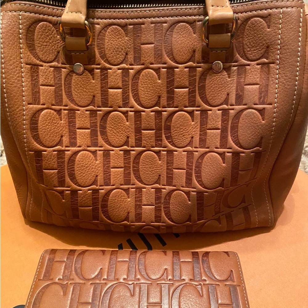 Carolina Herrera Embossed Tan Leather Tote and Wallet